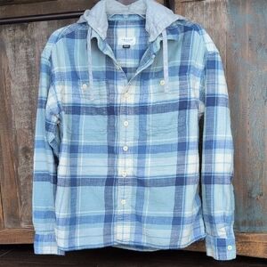 American Eagle Blue Plaid Cotton Button Down Shirt Removable Hood - Men's XS